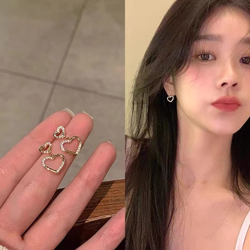 เกาหลี ไมโครเซต เพทาย คู่ หัวใจ ต่างหู ผู้หญิง สีทอง ins ทุกวัน การเดินทาง ของขวัญวันเกิด ที่สวยงาม