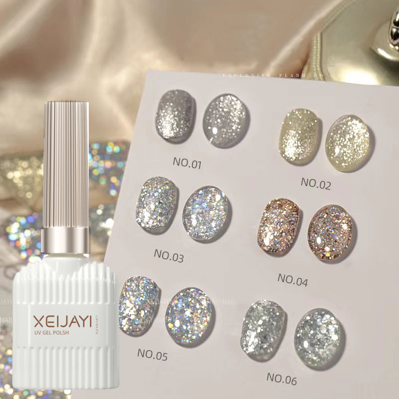 [ Xeijayi ] ยาทาเล็บเจล กลิตเตอร์ สีทอง 15 มล. เคลือบสะท้อนแสง ไม่เช็ด กึ่งถาวร Uv Led Varnish สินค้าทําเล็บ