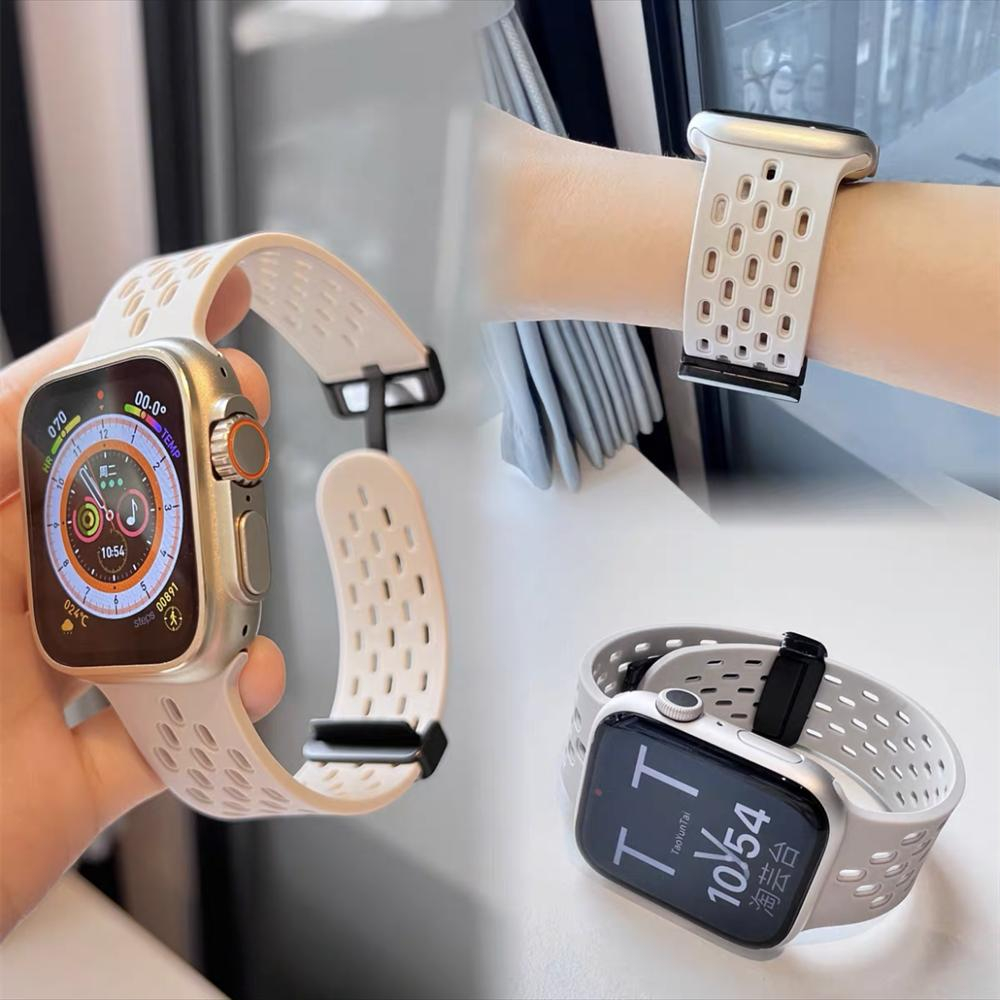 สายนาฬิกาข้อมือ ซิลิโคน หัวเข็มขัดแม่เหล็ก ระบายอากาศ แบบเปลี่ยน สําหรับ Apple Watch S9 8 7 6 5 4 3 SE2 ULTRA iWatch 49 มม. 45 44 42 41 40 38
