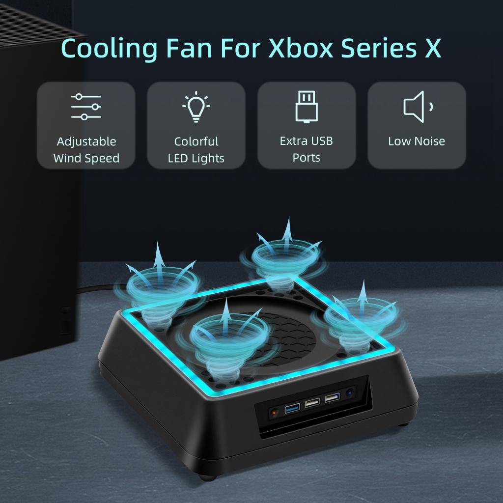 แท่นวางระบายความร้อน RGB สำหรับ Xbox Series X, พัดลมระบายความร้อน Xbox Series X พร้อมระบบปรับความเร็ว 3 ระดับ, เสียงเงียบ, พอร์ต USB เพิ่มเติม 3 พอร์ต, ไฟ LED RGB 6 สี