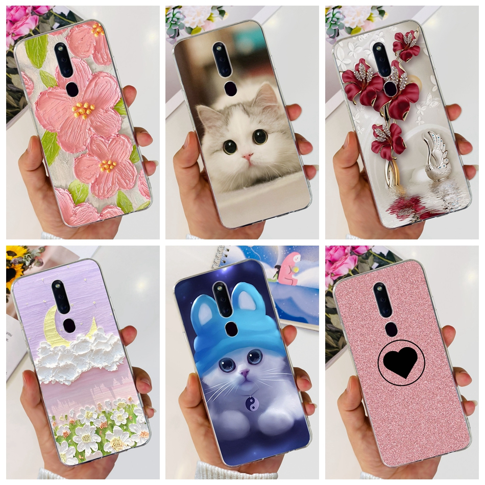 Oppo F11 Pro F 11 ดอกไม้น่ารัก แมวทาสี เคสโทรศัพท์ OppoF11 F11Pro ซิลิโคนนุ่ม ใส TPU บาง เคส