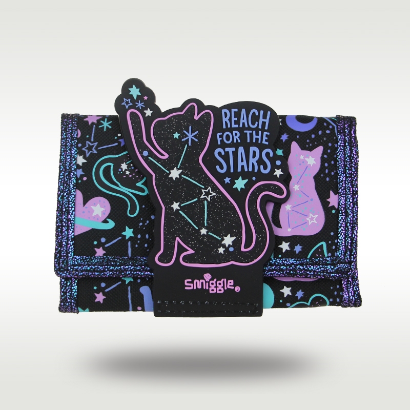 SMIGGLE กระเป๋าสตางค์ ลายแมวดาวน่ารัก สามแฉก สีดํา สไตล์ออสเตรเลีย ของแท้ สําหรับเด็ก 5 นิ้ว
