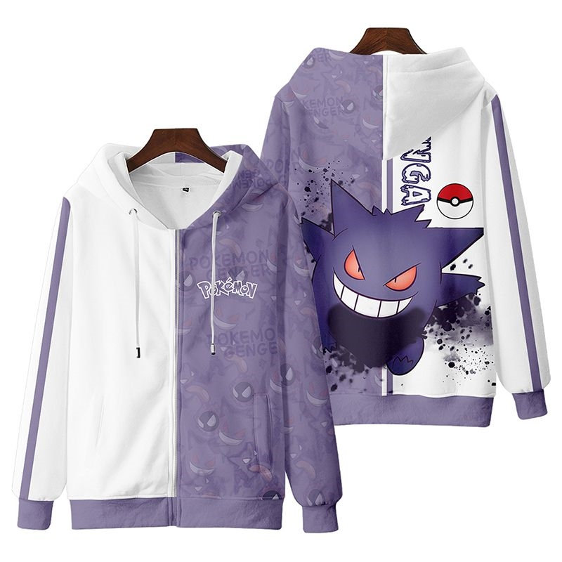 เด็กใหม่อะนิเมะ Pokémon Gengar ซิป Hoodie เด็กญี่ปุ่นน่ารักหวานหลวม 3D พิมพ์เสื้อกันหนาว Unisex ลำลองแขนยาว Hoodie บนเสื้อคอสเพลย์
