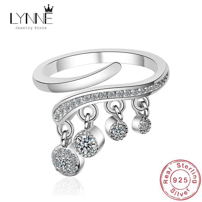 Lynne แหวนเงินแท้ 925 ประดับเพทาย พลอยเทียม ทรงกลม ปรับขนาดได้ เครื่องประดับแฟชั่น สําหรับผู้หญิง