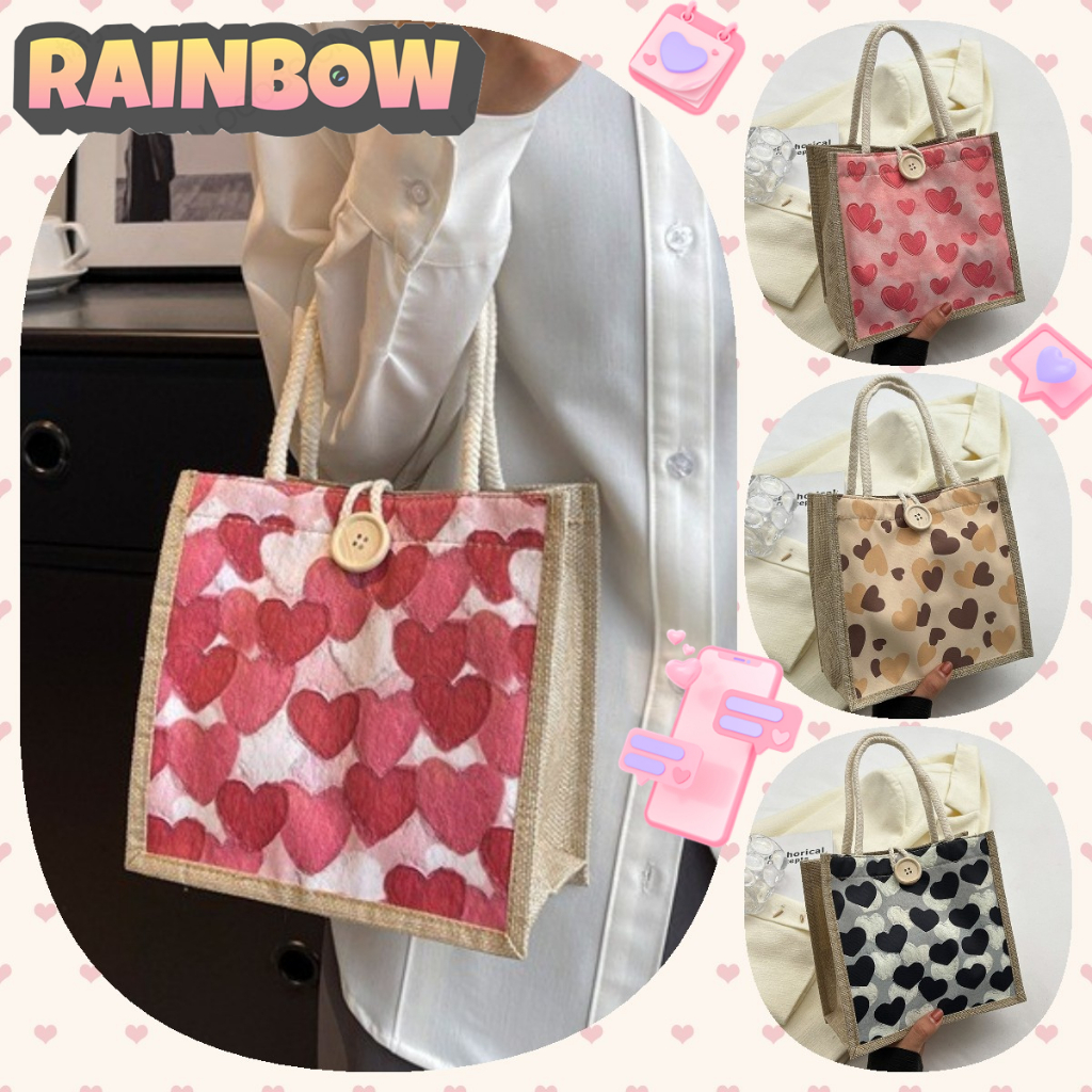 RAINBOW จัดส่งจากท้องถิ่น ลายหัวใจ สไตล์ญี่ปุ่น กระเป๋าถือผ้าลินินมีสไตล์กระเป๋าคลัทช์