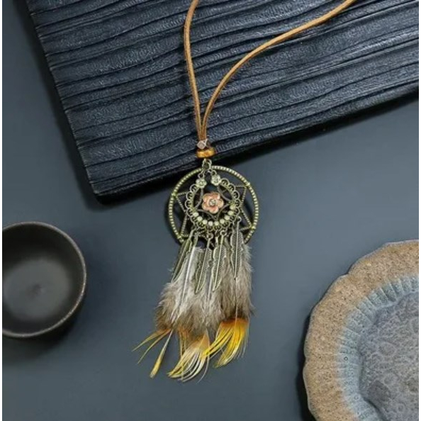 Boho ใหม่ สร้อยคอ จี้ตาข่ายดักฝัน ขนนกยาว ทรงกลม สไตล์วินเทจ เครื่องประดับ 2024 - รูปที่ 3