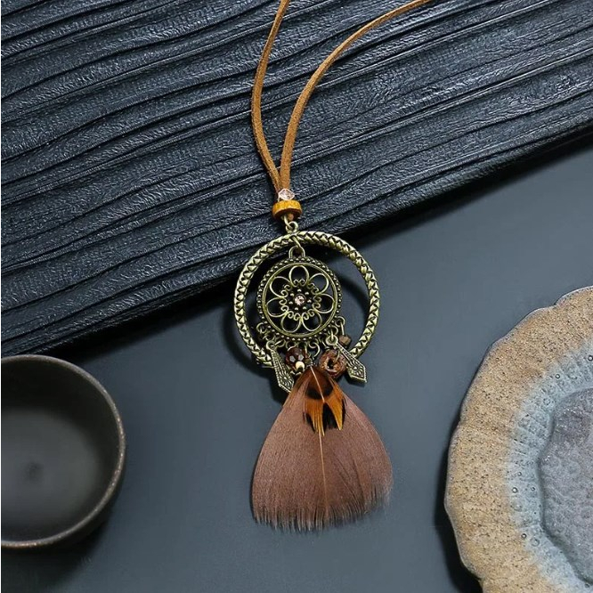 Boho ใหม่ สร้อยคอ จี้ตาข่ายดักฝัน ขนนกยาว ทรงกลม สไตล์วินเทจ เครื่องประดับ 2024 - รูปที่ 5