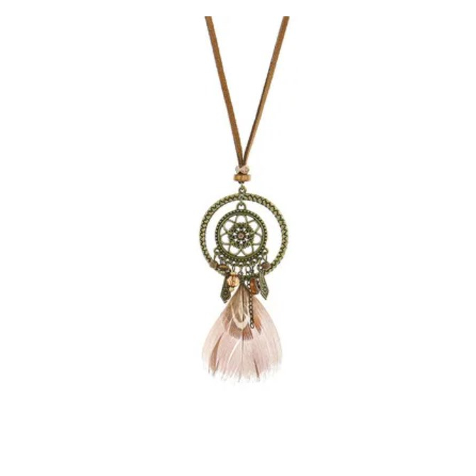 Boho ใหม่ สร้อยคอ จี้ตาข่ายดักฝัน ขนนกยาว ทรงกลม สไตล์วินเทจ เครื่องประดับ 2024 - รูปที่ 2