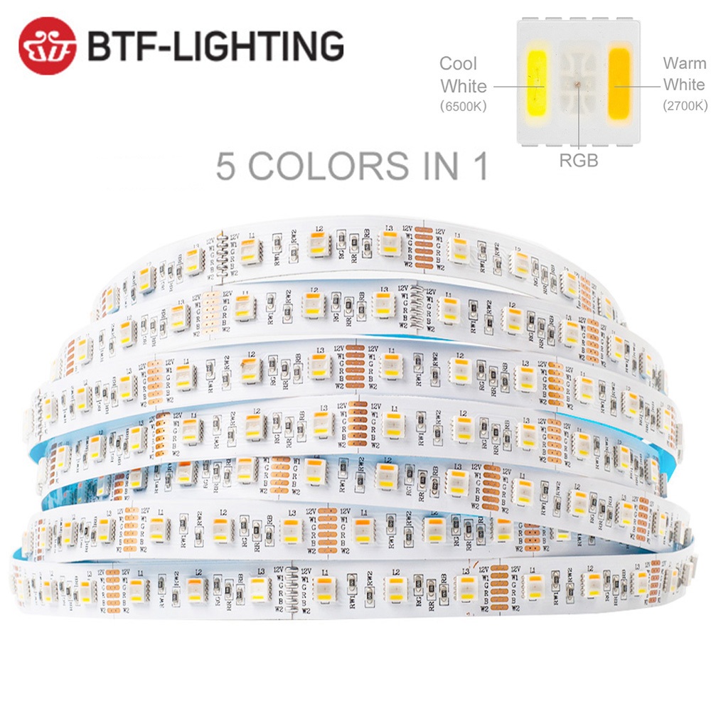 BTF-LIGHTING 5050 RGBCCT 5 ใน 1 แถบไฟ LED DC12V LED Strip 30LEDs/m 60LEDs/m PCB สีขาว RGB&2700K-6500K 6pin LED Strip