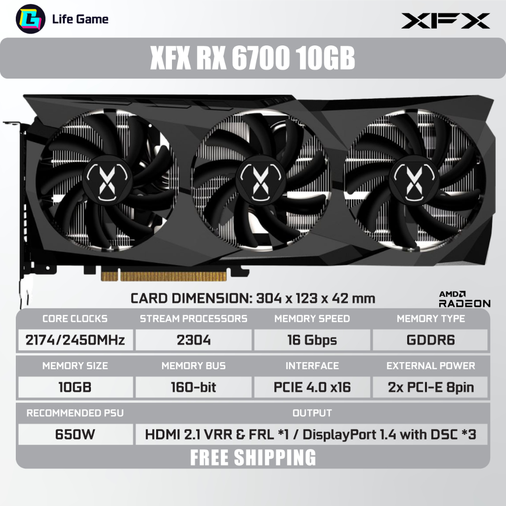 ใช ้ XFX RX 6700 10GB GDDR6 AMD กราฟิกการ ์ ดกราฟิกการ ์ ด grafik GPU RX6700 XL ต ้ องการ RATETED 650W PSU