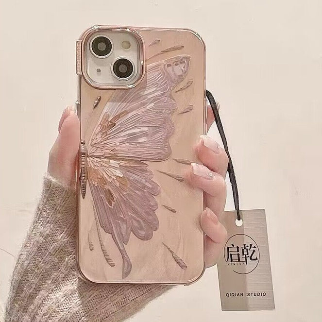 หรูหราสไตล์เกาหลีชุบสีชมพูไล่โทนสีผีเสื้อชีฟองรูปแบบเคสโทรศัพท์สําหรับ ไอโฟน 16 14โปรแม็กซ์ 11 12 13 15 มือโปร สูงสุด 14มือโปร กันกระแทกกรณีผู้หญิง ของผู้หญิง ปก