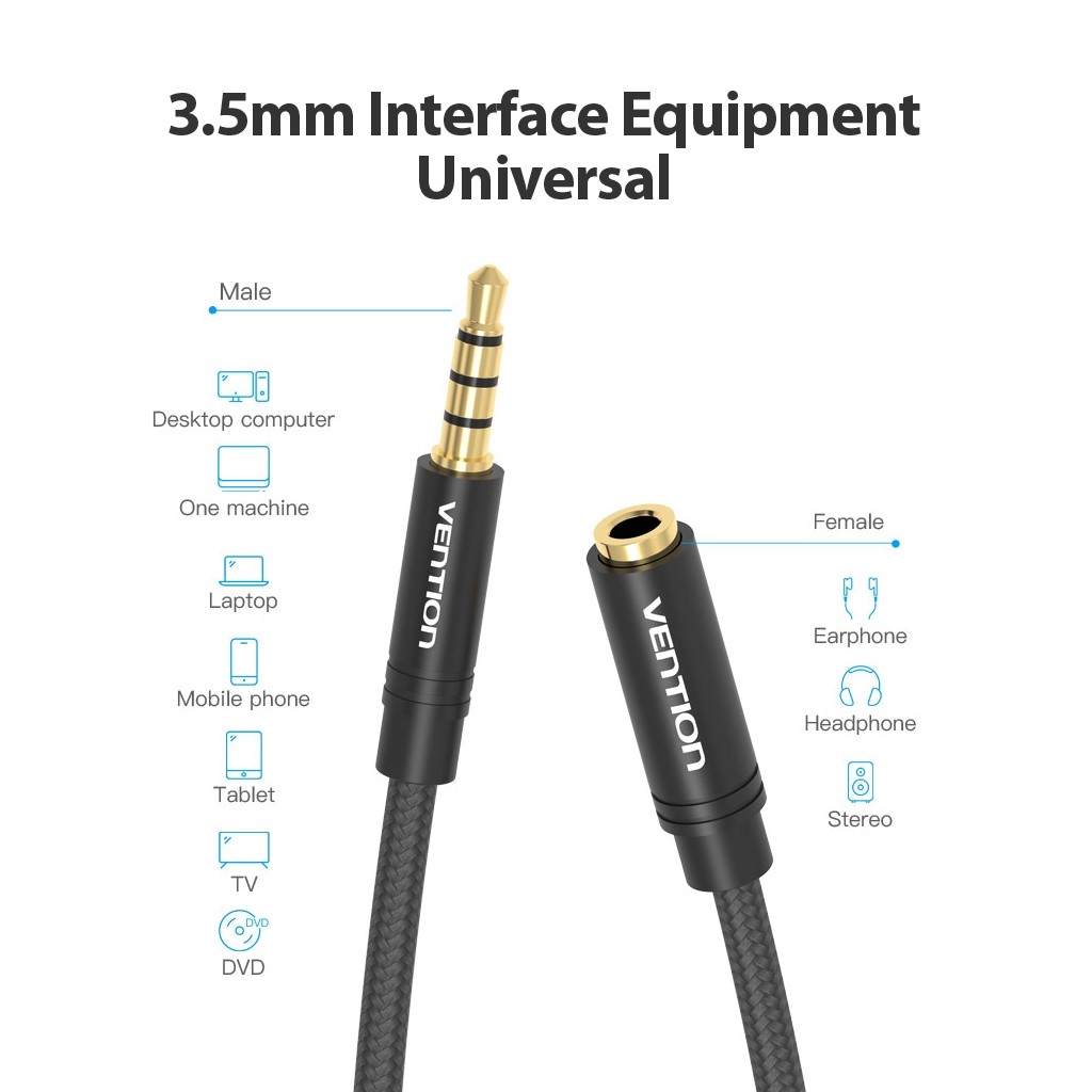 Vention สายต่อขยายเสียง แจ็ค Aux ตัวผู้ เป็นตัวเมีย รองรับไมค์ หูฟัง 3.5 มม.