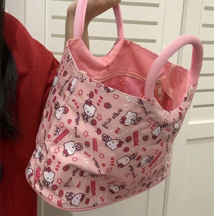 SANRIO [Haroro] กระเป๋าเครื่องสําอาง กระเป๋าถือ ขนาดใหญ่ จุของได้เยอะ แบบพกพา ลายการ์ตูนคิตตี้ สีตัดกัน เหมาะกับของขวัญวันเกิด สําหรับนักเรียนหญิง