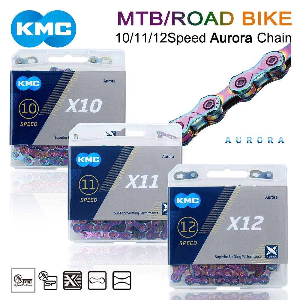 Kmc โซ่จักรยาน X9 X10 X11 X12 Road MTB โซ่จักรยาน 9/10/11/12 ความเร็ว สีออโรร่า โซ่จักรยาน สําหรับ Shimano Sram ชิ้นส่วนจักรยาน