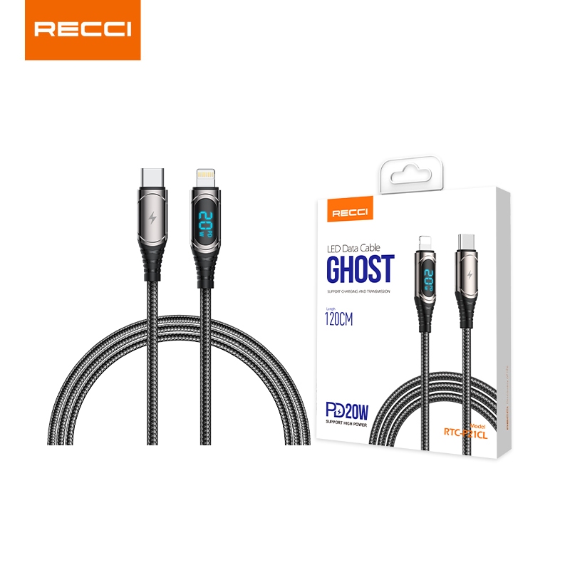 คุณได้รับ ของขวัญ 1 ชิ้น，สายซิลิโคนสำหรับมัดรวมสายชาร์จ，Recci RTC-P21 1.2 ม. 6A PD20W C to L ดิจิทัล PD จอแสดงผล LED ชาร์จเร็ว สายเคเบิลข้อมูล Type C สายเคเบิล