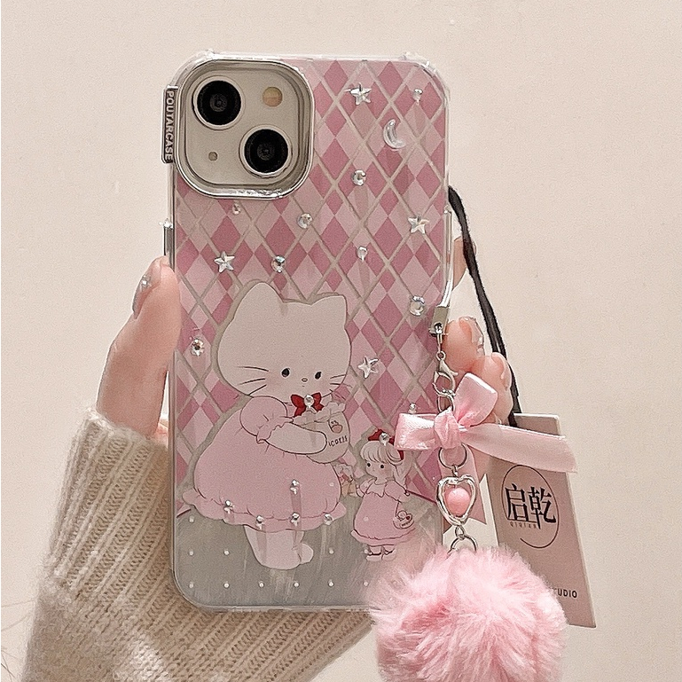 Huiwanju เคสโทรศัพท์มือถือแบบแข็ง ลายการ์ตูนแมวน่ารัก ประดับเพชร สีชมพู สําหรับ Iphone 15 14promax 12 11 xr