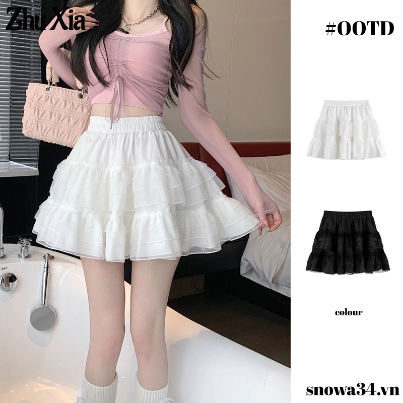 Zhu Xia กระโปรงทรงเอ เอวสูง ผ้าตาข่าย แต่งลูกไม้ สีขาว สําหรับผู้หญิง