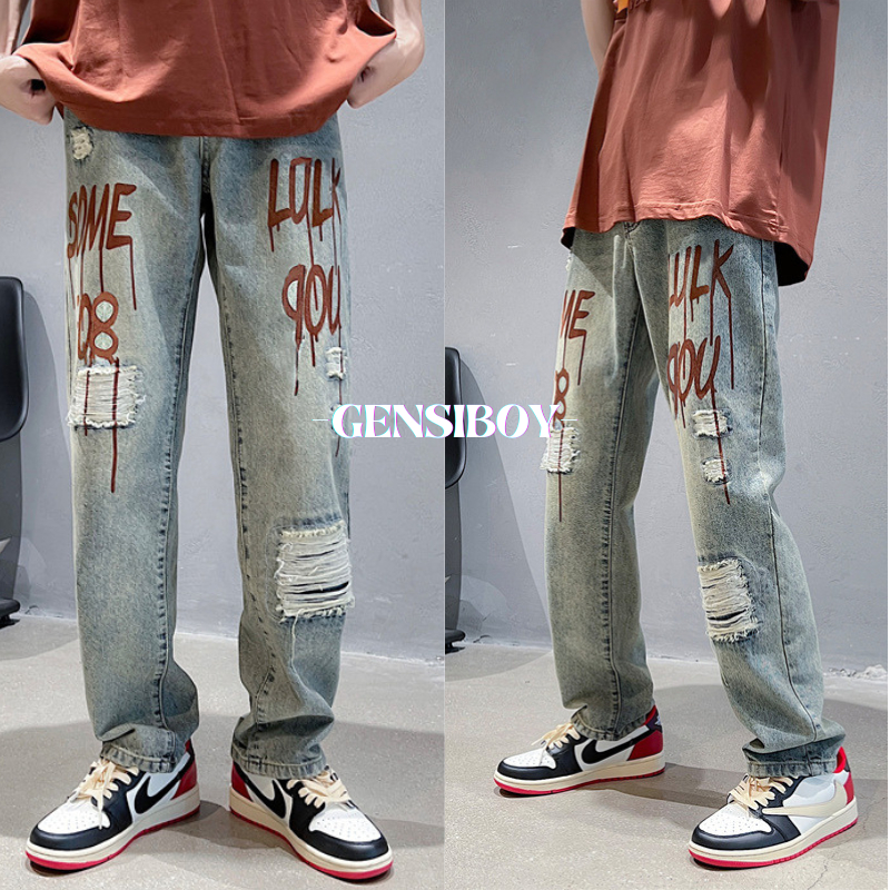 Gensiboy- พร้อมส่ง กางเกงยีนส์ผู้ชาย เวอร์ชั่นเกาหลี ของฮาราจูกุ แบรนด์อินเทรนด์ ในหลวม ฮิปฮอปแบบสบาย ๆ ขายาวกระบอกใหญ่