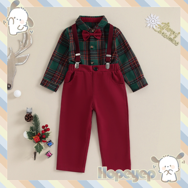 Hopeyep-boys ชุดเสื้อแขนยาว กางเกงขายาว ลายสก๊อต สีแดง และสีเขียว สําหรับเด็กผู้ชาย
