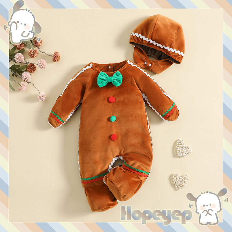 Hopeyep- ชุดจั๊มสูทแขนยาวลําลอง และหมวก ลายขนมปังขิงน่ารัก สําหรับเด็กก่อนวัยเรียน