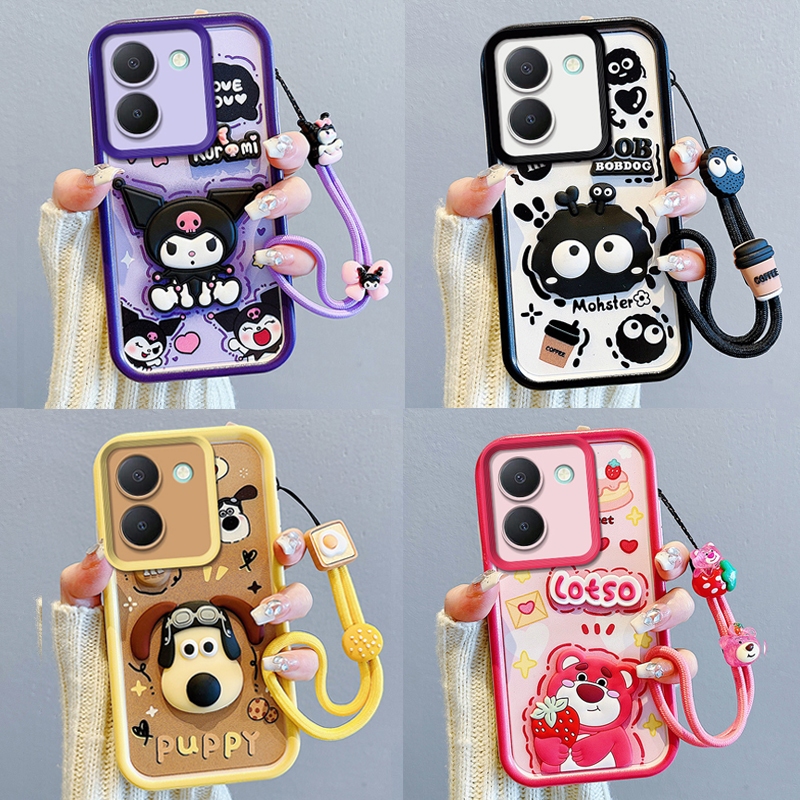 เคสโทรศัพท์มือถือ ยางซิลิโคนนิ่ม ลายการ์ตูนหมี ลูกสุนัข สตรอเบอร์รี่น่ารัก พร้อมสายคล้องมือ สําหรับ Vivo Y36 4G Y36 5G Y27 5G Y27S Y17S Y78 5G
