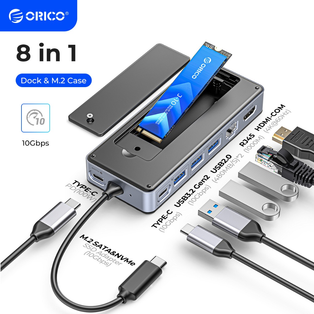 Orico แบบพกพา USB C HUB M.2 SSD Enclosure 8 in 1 Docking Station 4K 60Hz HDMI PD100W 10Gbps สําหรับ 