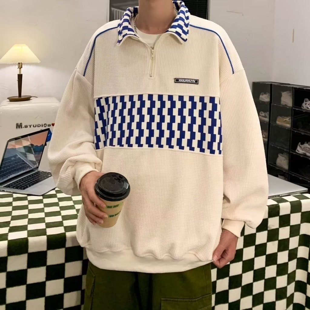 เสื้อแจ็กเก็ตโปโลลําลอง มีฮู้ด ทรงหลวม แต่งซิปครึ่ง สไตล์ฮ่องกง แฟชั่นสําหรับผู้ชาย