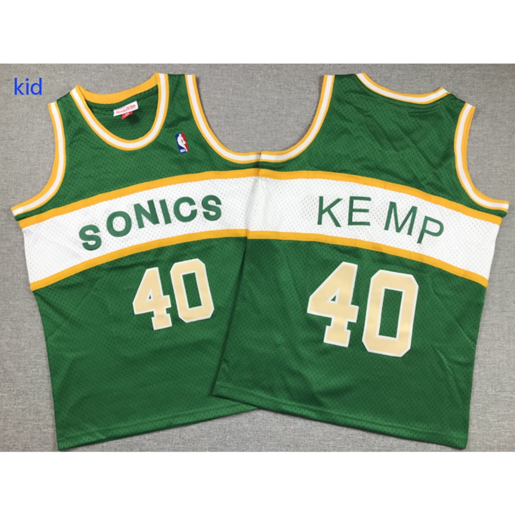 เสื้อกีฬาบาสเก็ตบอล ปักลาย Seattle Supersonics 40 Shawn Kemp สีเขียว สีขาว สําหรับเด็ก 2023