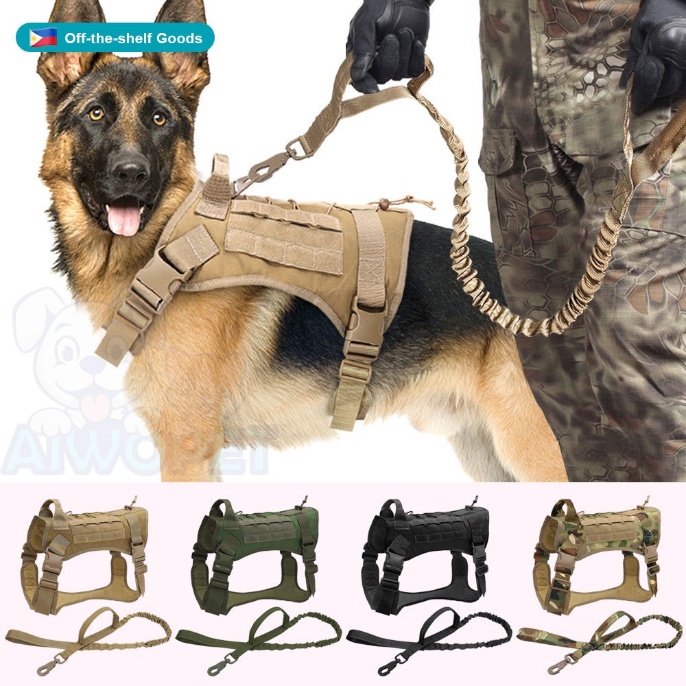 Aiwo K9 เสื้อกั๊กยุทธวิธีทหารสัตว์เลี้ยงเสื้อกั๊กการฝึกอบรมกลางแจ้งสายรัดสุนัขและชุดสายจูงพร้อมปลอกค