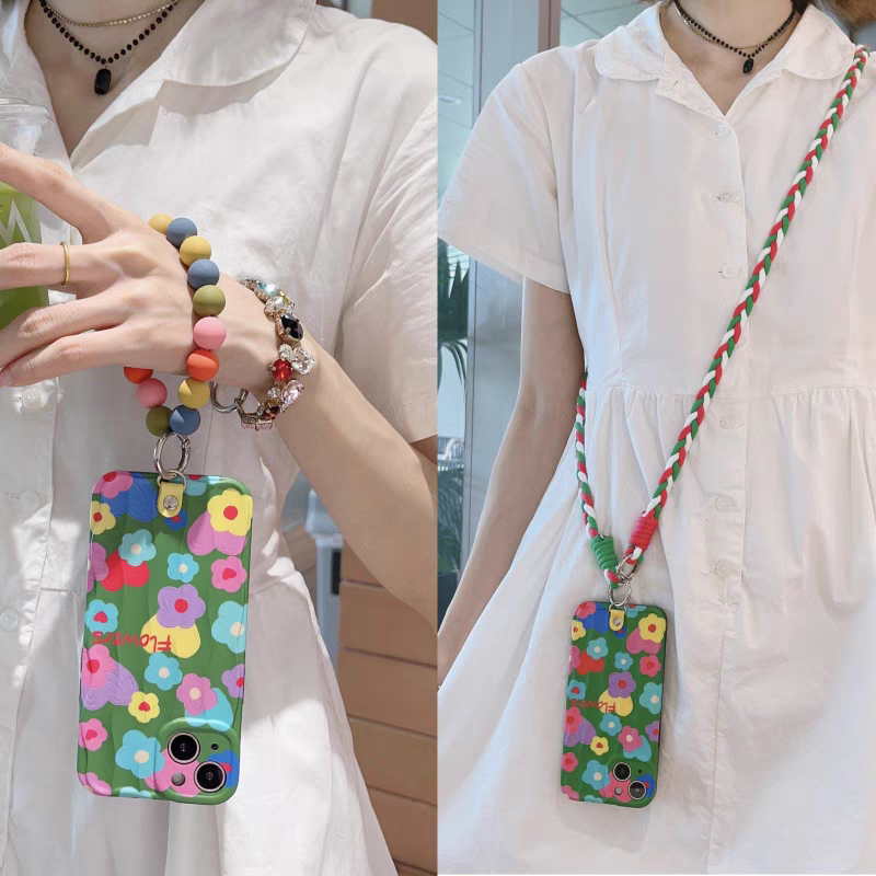 เคสโทรศัพท์มือถือ ซิลิโคนนิ่ม กันกระแทก ลายดอกไม้ พร้อมสายคล้อง ปรับได้ ระดับไฮเอนด์ สําหรับ Iphone 15Promax 14 13 12 11 14pro