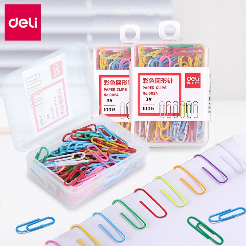 Deli คลิปหนีบกระดาษ สีสันสดใส 100 ชิ้น/กล่อง อุปกรณ์การเรียน อุปกรณ์สํานักงาน