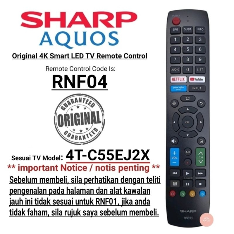 SHARP รีโมทคอนโทรลสมาร์ททีวี 4K RNF04
