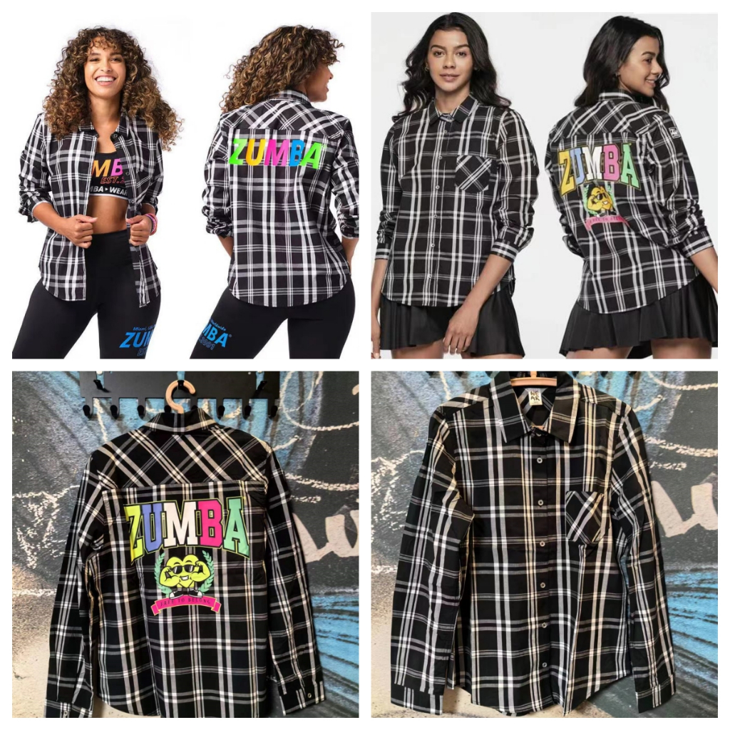 ซุมบา ซุมบา ZW ฟิตเนสเต้นรําเสื้อกีฬาคลาสสิกสีดําเสื้อลายสก๊อตแขนยาวเอวผ้าฝ้ายแท้สีดํา