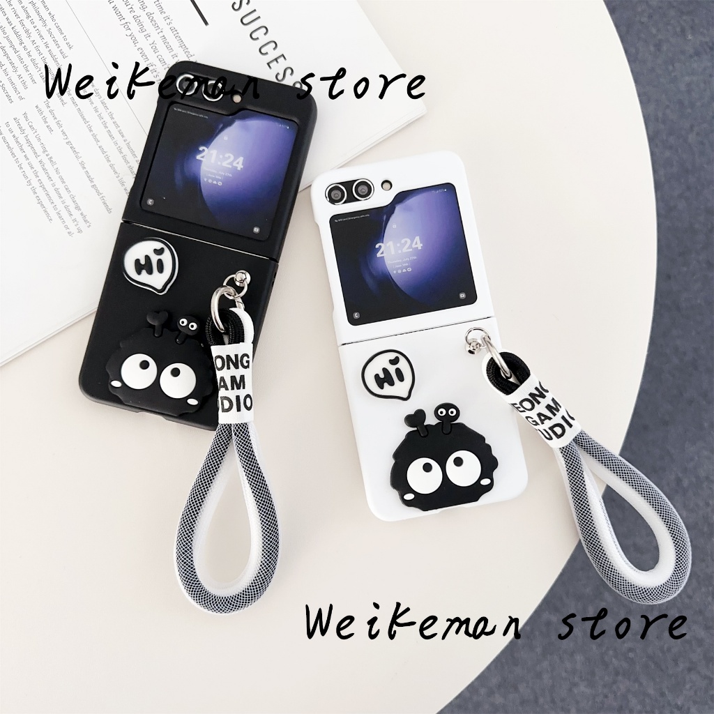 เกาหลีน่ารักตลกลูกบอลถ่านหินตัวอักษร Solid Case พร้อมโซ่แบบพกพาสําหรับ Samsung Galaxy Z Flip 3 Flip6