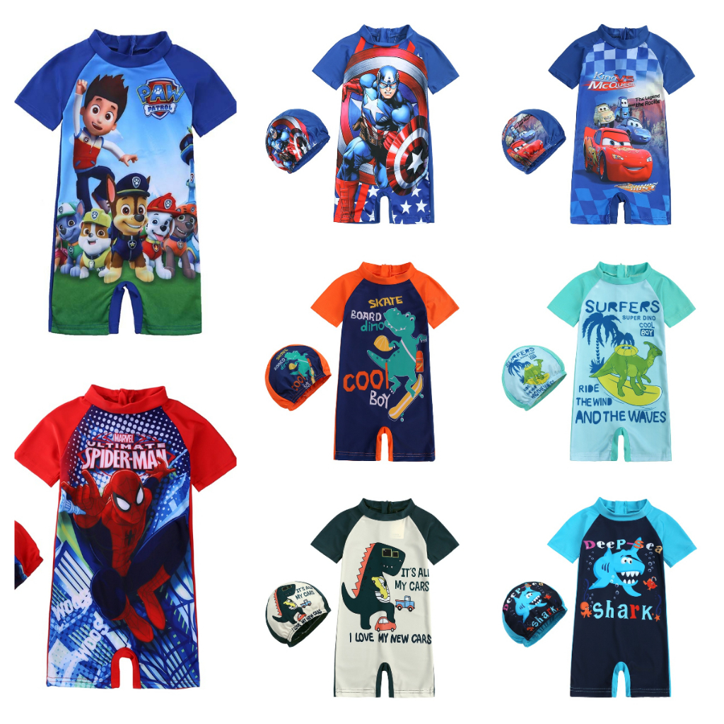 พร้อมส่ง ชุดว่ายน้ํา 1-8 ปี พร้อมหมวกว่ายน้ํา จั๊มสูท แฟชั่นฤดูร้อน สําหรับเด็กผู้ชาย 2026