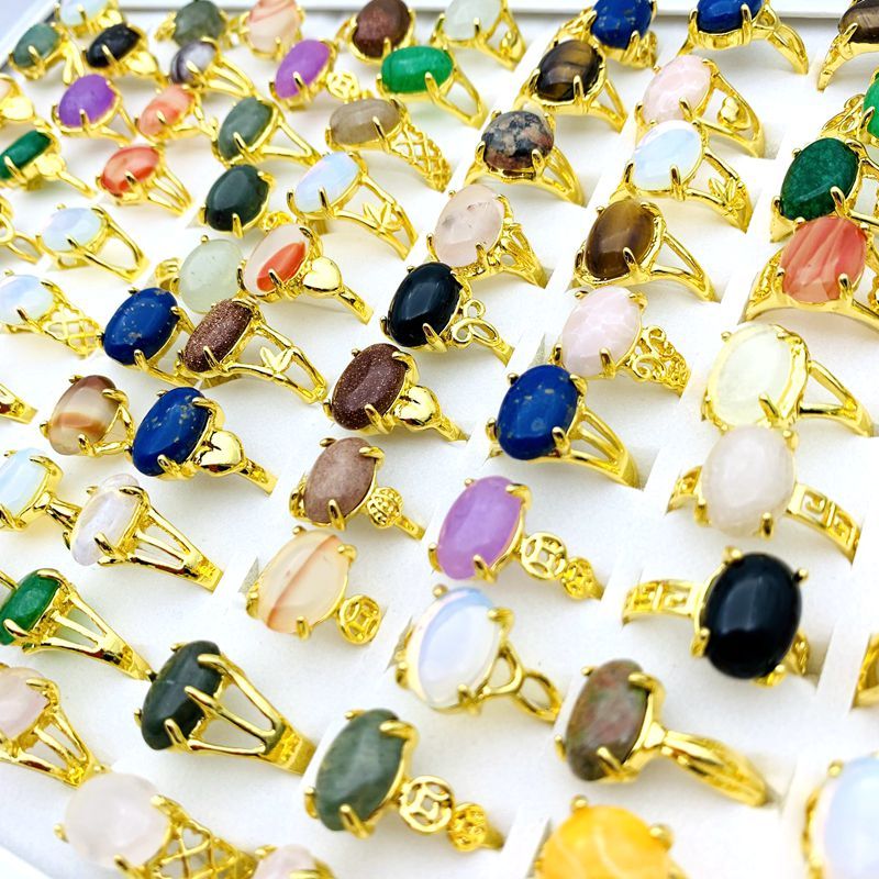 10ชิ้นย้อนยุคแหวนหินธรรมชาติสําหรับผู้หญิงชุบทองเครื่องประดับแฟชั่น