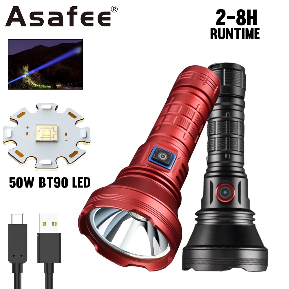 Asafee DY900 ไฟฉายยุทธวิธีฟรีกล ่ องของขวัญ 50W BT90 ไฟ LED Ultra Bright ไฟฉายชาร ์ จ Type-C ชาร ์ จที ่ ถอดออกได ้ 21700/26650 แบตเตอรี ่