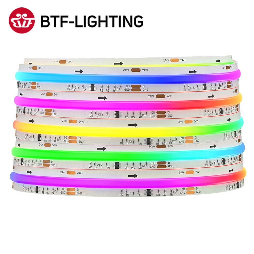 BTF-LIGHTING 630LEDs/m COB RGB IC แถบไฟ LED WS2811 LED ความหนาแน่นสูง ไฟตกแต่งภายใน IP30 DC 12V 24V