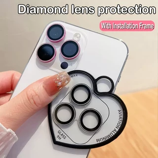 [พร้อมกรอบติดตั้ง] ฝาครอบเลนส์กล้องระดับพรีเมียมเพชรแถวเดียวสําหรับ iPhone 17Pro Max ถึง iPhone 12promax, ป้องกันการตก, ป้องกันรอยขีดข่วน, โลหะ HD Clear Tempered Gl