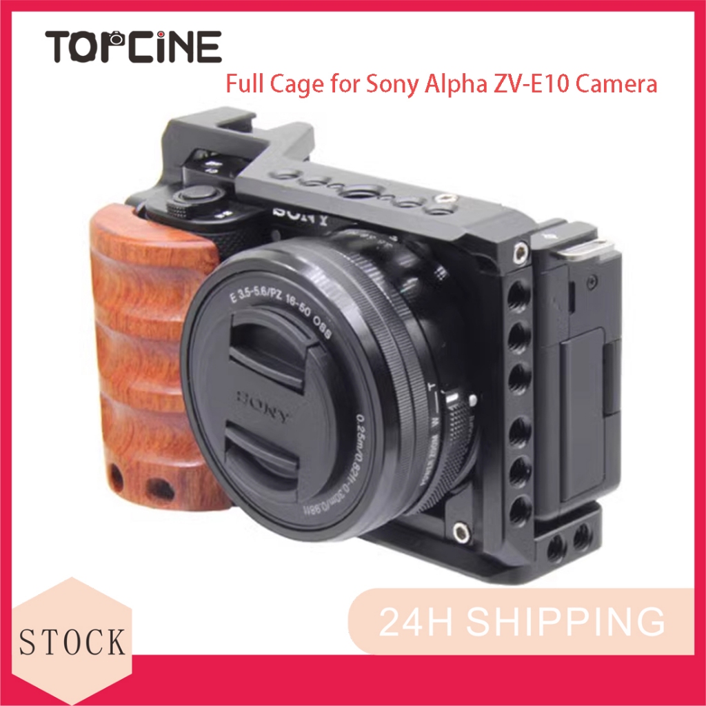 Topcine ZVE10 กล้องกรงเต็มรูปแบบพร้อมที่จับไม้สําหรับกล้อง Sony Alpha ZV-E10, อลูมิเนียมอัลลอยด์กล้อ