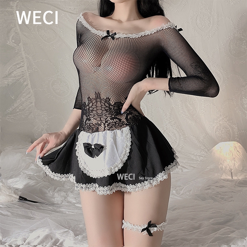 Weci ชุดแม่บ้าน เซ็กซี่ สวมบทบาท เกม เครื่องแต่งกาย ประจําตัว V คอสเพลย์ ชุดชั้นใน ตาข่าย ผู้หญิง ชุดเครื่องแต่งกาย