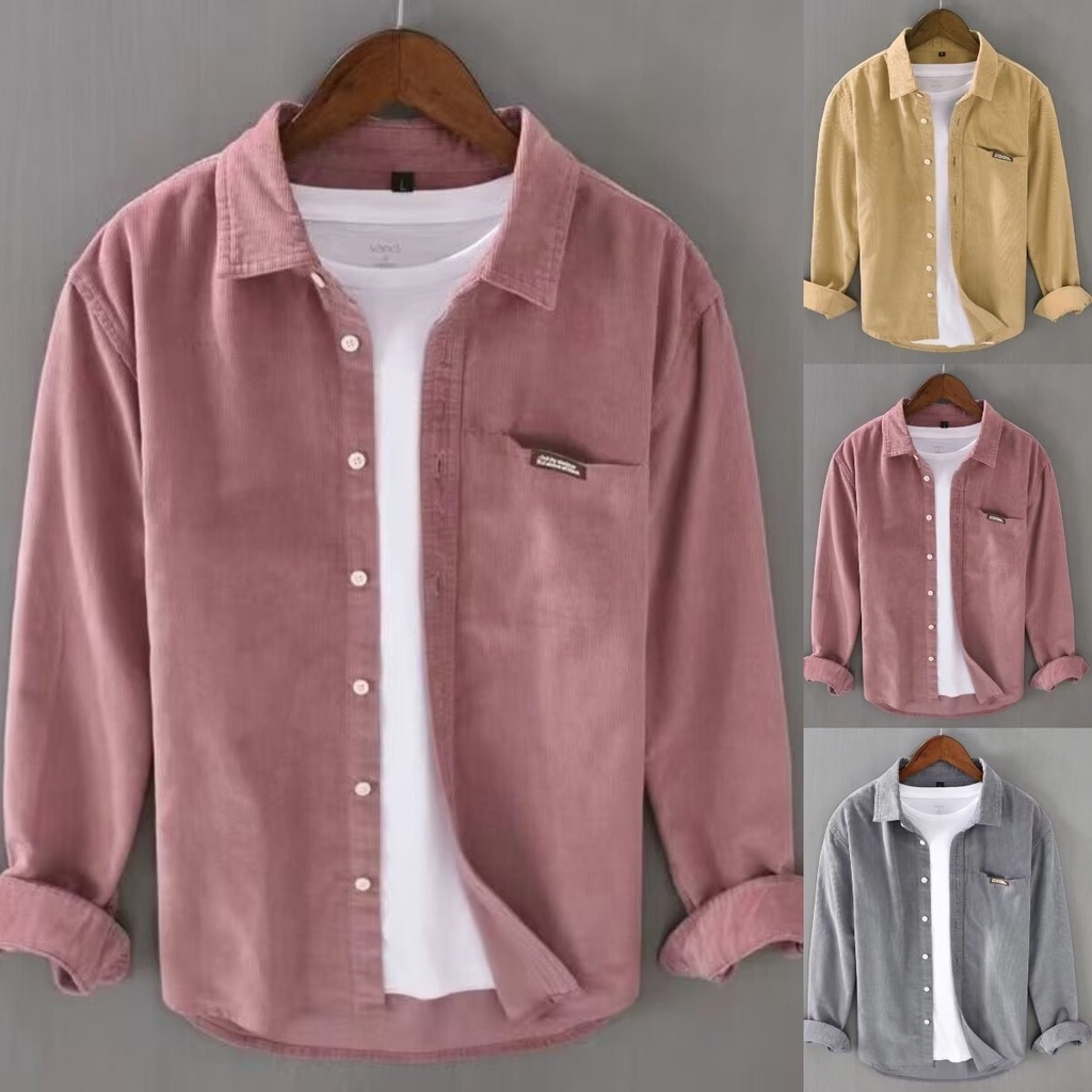 M-3XL แฟชั่น เสื้อเชิ้ตผู้ชาย ทรงหลวม ผ้าลูกฟูก สไตล์วินเทจ – โปรปัง