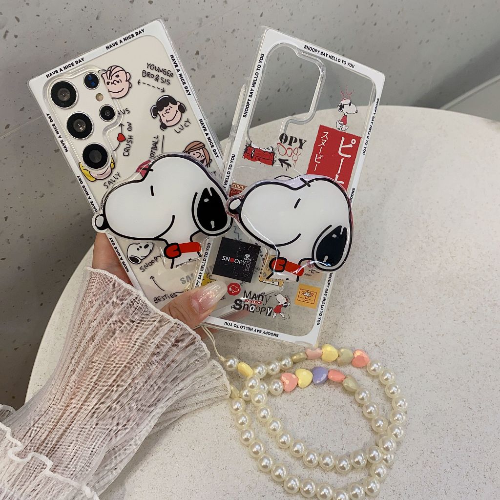 การ์ตูน น่ารัก สนูปปี้ วงเล็บ + สร้อยข้อมือดอกไม้ เคส Samsung Galaxy S24 S23 Ultra S23FE S22 Ultra S21FE S20 S21 S22 S24 Plus + S20FE S21Ultra S20Ultra Note20 Ultra Note10 Plus Note10Lite A54 A34 Case โปร่งใส ป้องกันการตก ซิลิกาเจล นุ่ม ซัมซุง เคส