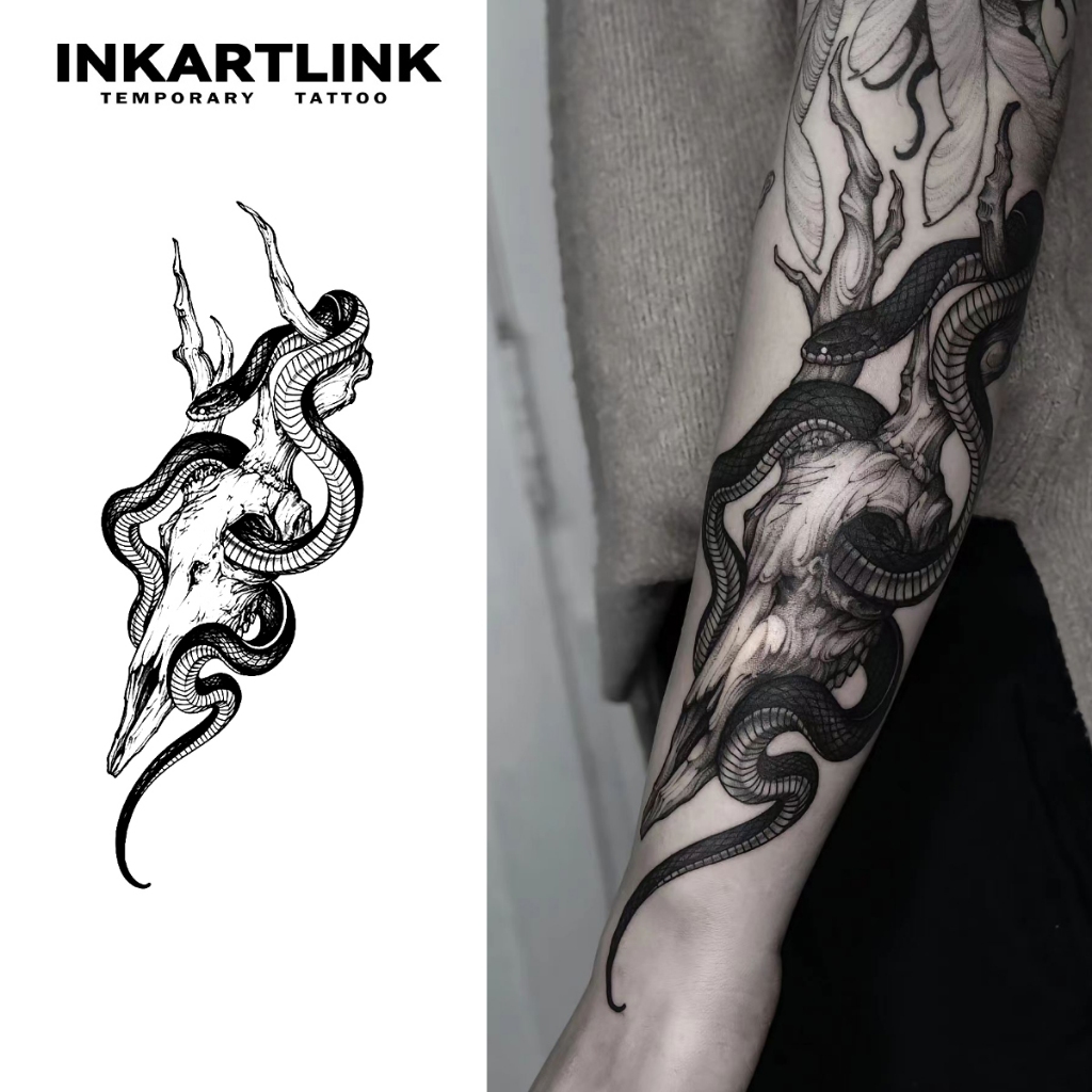 Inkartlink Dark Horror​ สติ๊กเกอร์รอยสักชั่วคราวแขนงู, สติ๊กเกอร์รอยสักวิเศษกันน้ําติดทนนาน, รอยสักปลอมกึ่งถาวร