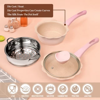 Innerwell 16 ซม. หินไมฟานไม่ติด ชุดหม้อต้มน้ำนมสีชมพูขนาด พร้อมที่นึ่ง เหมาะสำหรับเตาทุก