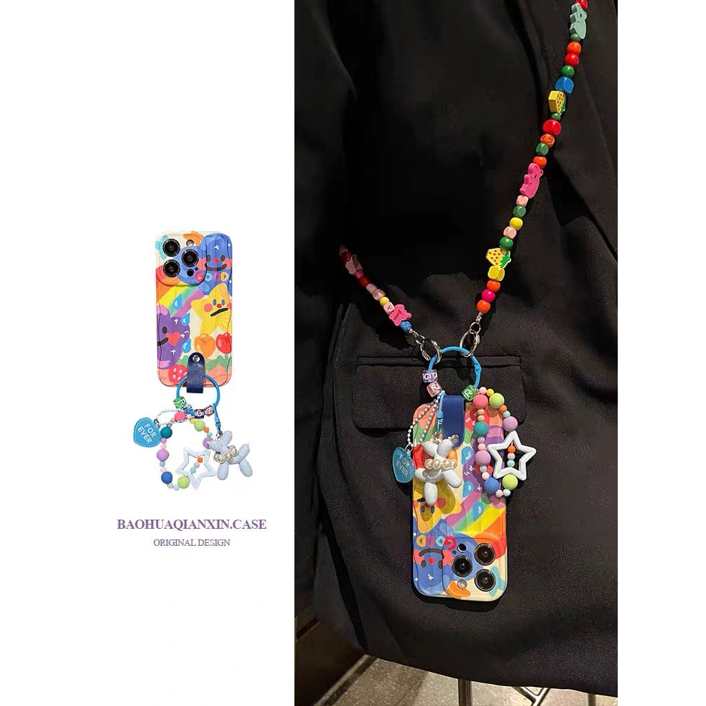 เคสโทรศัพท์มือถือหนัง ซิลิโคนนิ่ม กันกระแทก ลายดาว ท้องฟ้ากลางคืน หลากสี พร้อมสายคล้อง ปรับได้ สําหรับ Iphone 15Promax 14 13 12 11 14pro