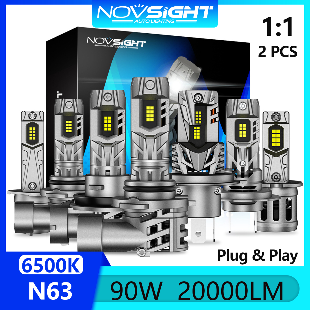 Novsight N63 9005 9006 H4 H7 H11 หลอดไฟ LED 90W 20000LM 6500K ไฟ LED Super Bright สำหรับรถสูง/ต่ำหมอก Light MINI 1:1 การออกแบบ Plug & Play 2 PCS