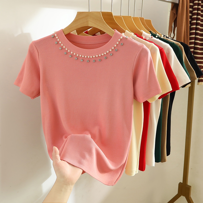 เสื้อยืดแขนสั้น ผ้าถัก ประดับลูกปัด สไตล์ตะวันตก สําหรับผู้หญิง