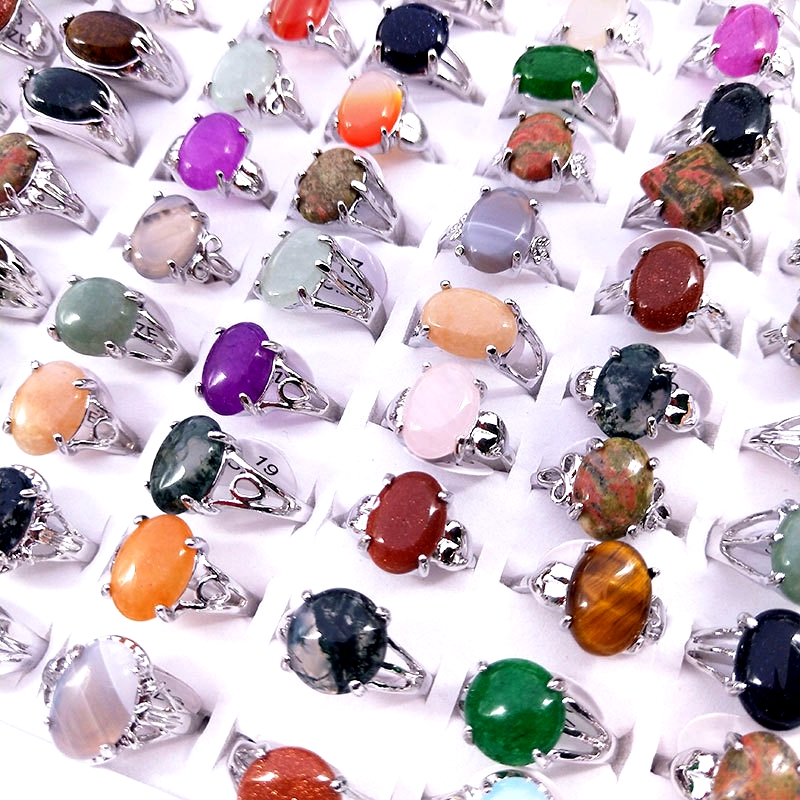 10ชิ้นแหวนเงินสําหรับผู้หญิงรูปไข่หินธรรมชาติแฟชั่นเครื่องประดับพรรค