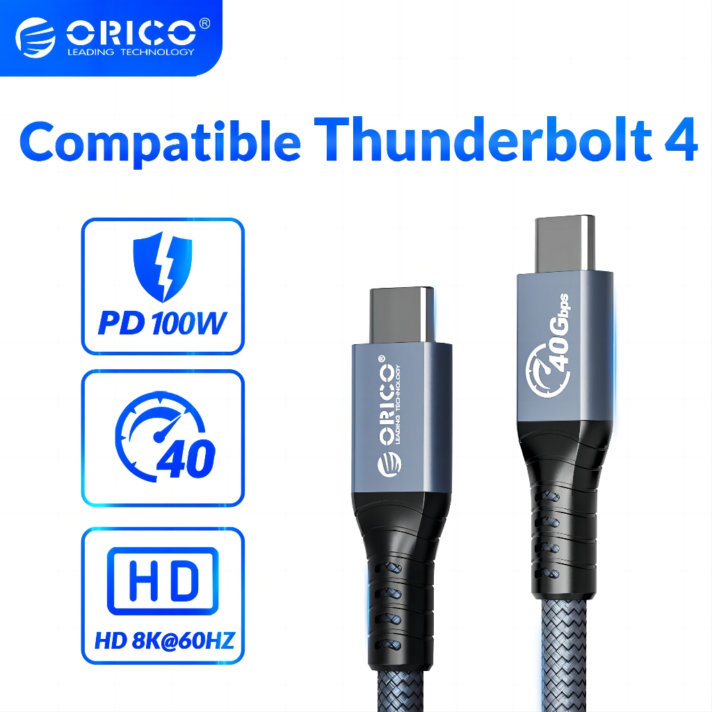 Orico Thunderbolt สายเคเบิลข้อมูล 4 Type C ยาว 2 ม. เข้าได้กับวิดีโอ 4 8K @60Hz Type USB C PD100W ชาร์จเร็ว 40Gbps